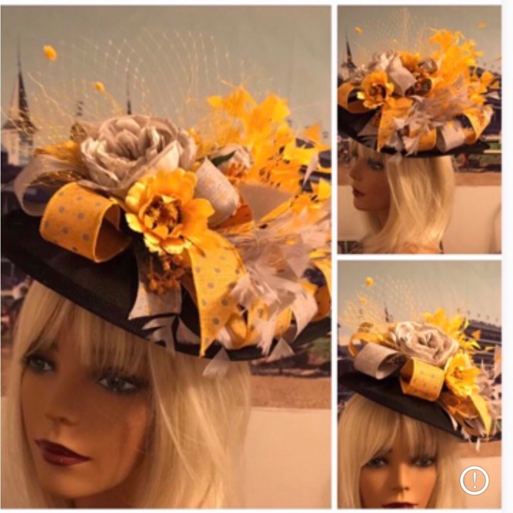 Black Fascinator Hat with Yellow & Gray Floral Accents